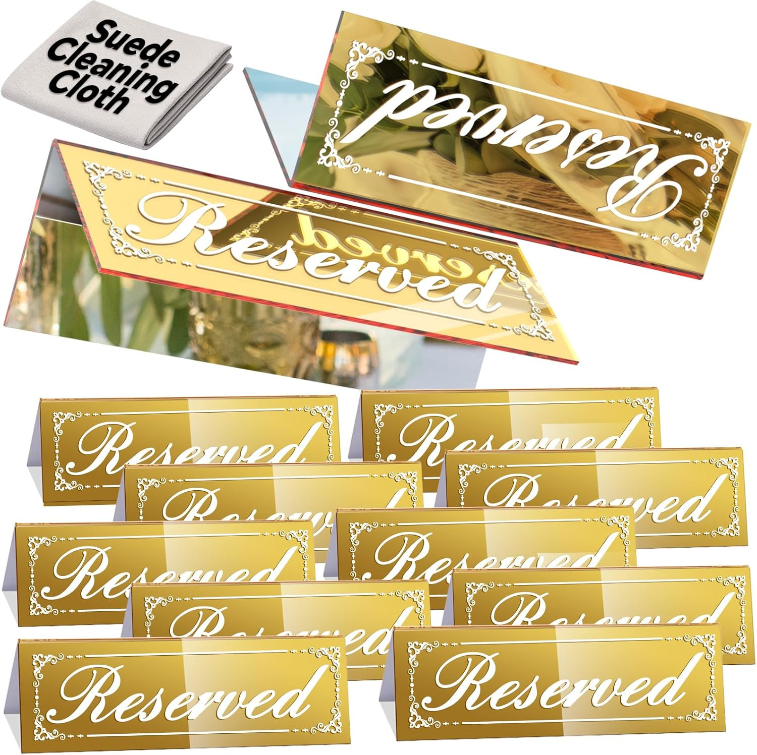 12 Pcs Mirrored Gold Reserved Table Signs, 6″ X 2″ Double-Sided Table Tent Sign