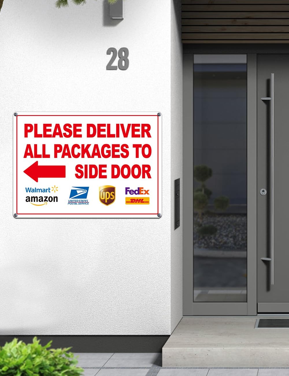 2 Pack 14×10 inch Deliver All Packages to Side Door Sign with Arrows Plastic