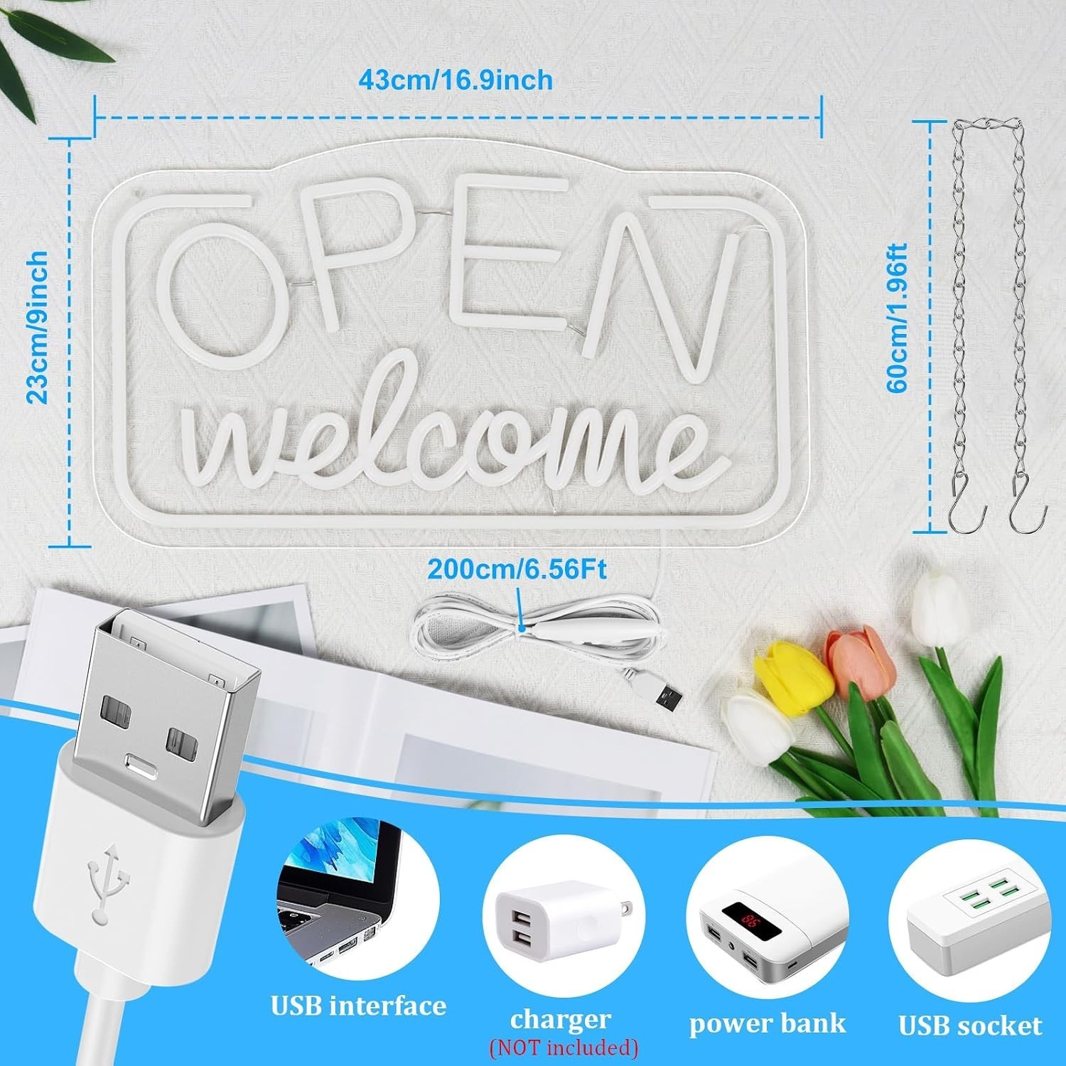 Bright LED Neon Open Sign 16.9×9.4 USB Powered – Adjustable for All Businesses