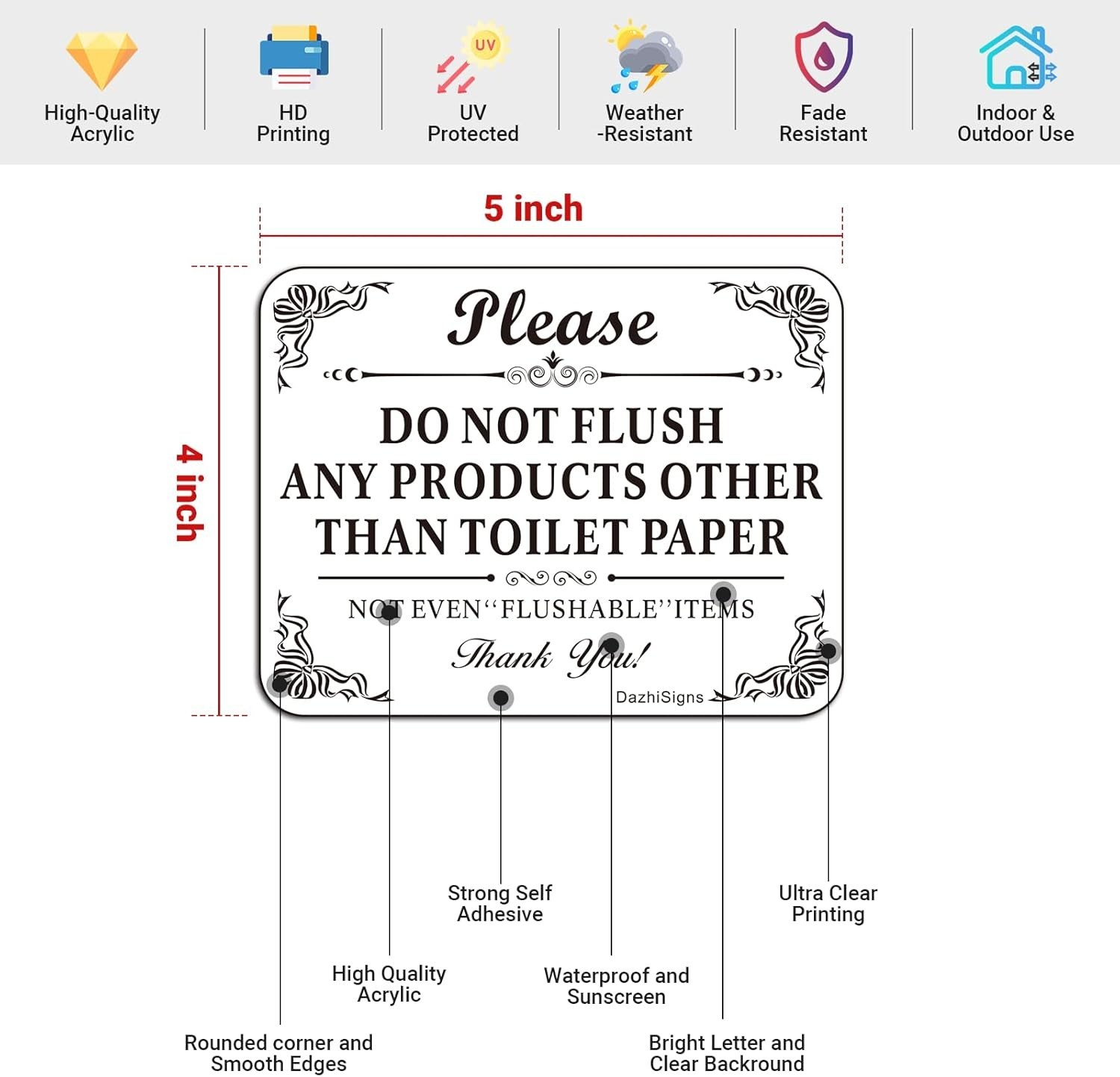 （5 Pack) Do Not Flush Any Products Other than Toilet Paper Sign | 5″ X 4″ Acryli