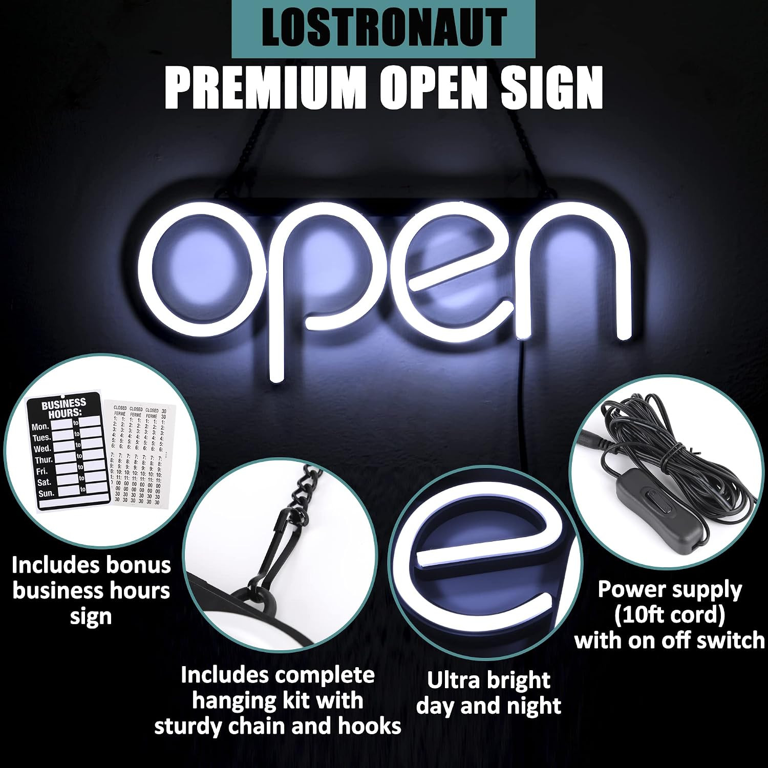 LOSTRONAUT LED Neon Open Sign Light to Advertise Storefront, Business, Office, S