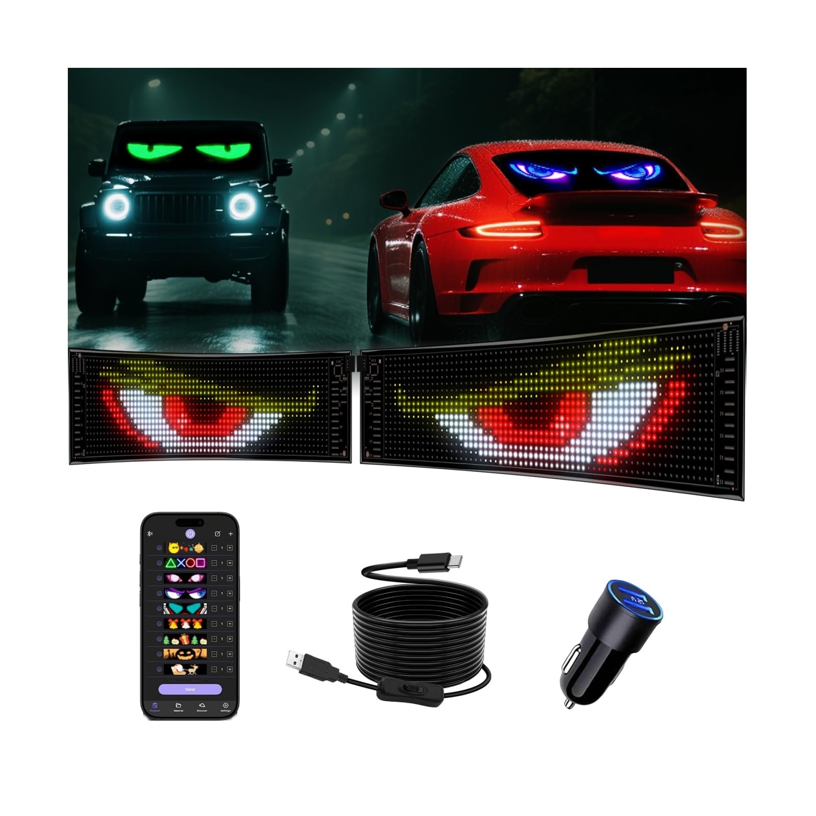 2PCS Programmable LED Devil Eyes for Cars – Flexible Matrix Display, Custom Text