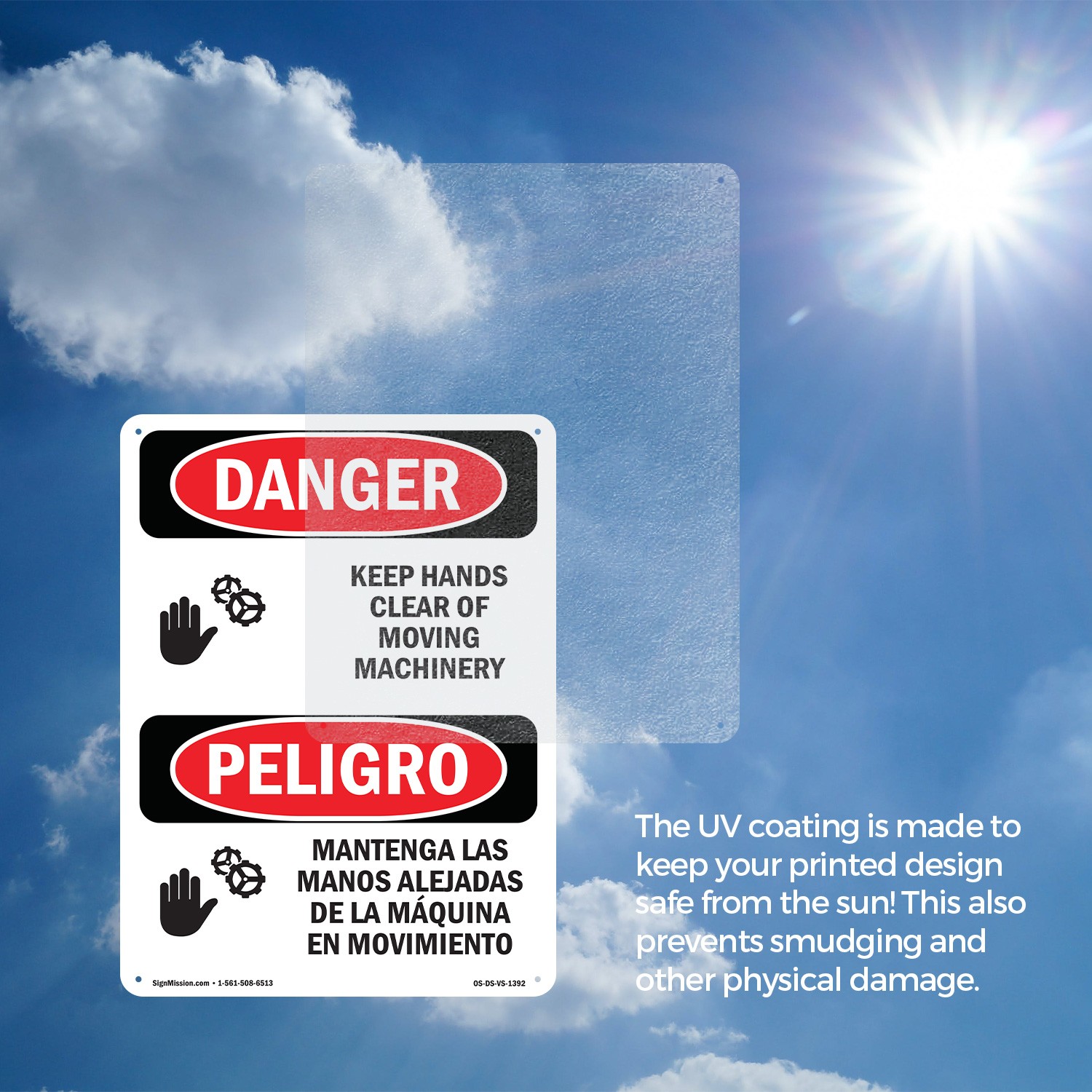 Keep Hands Clear Moving Machinery Bilingual OSHA Danger Sign, Decal 5 or 10 Pack