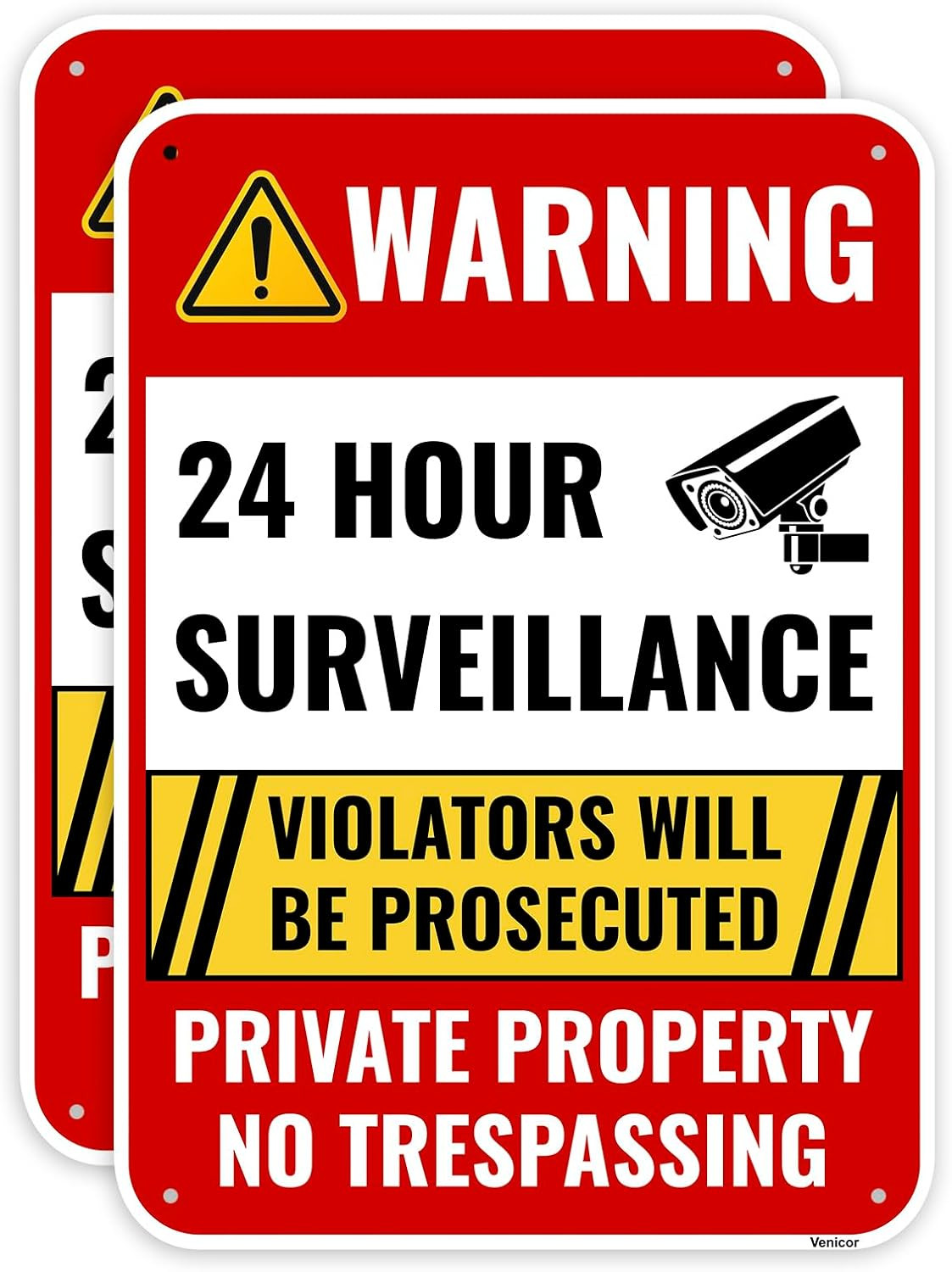 2PC 24 Hour Surveillance Sign, 14 X 10 Inches – Aluminum – Private Property No T