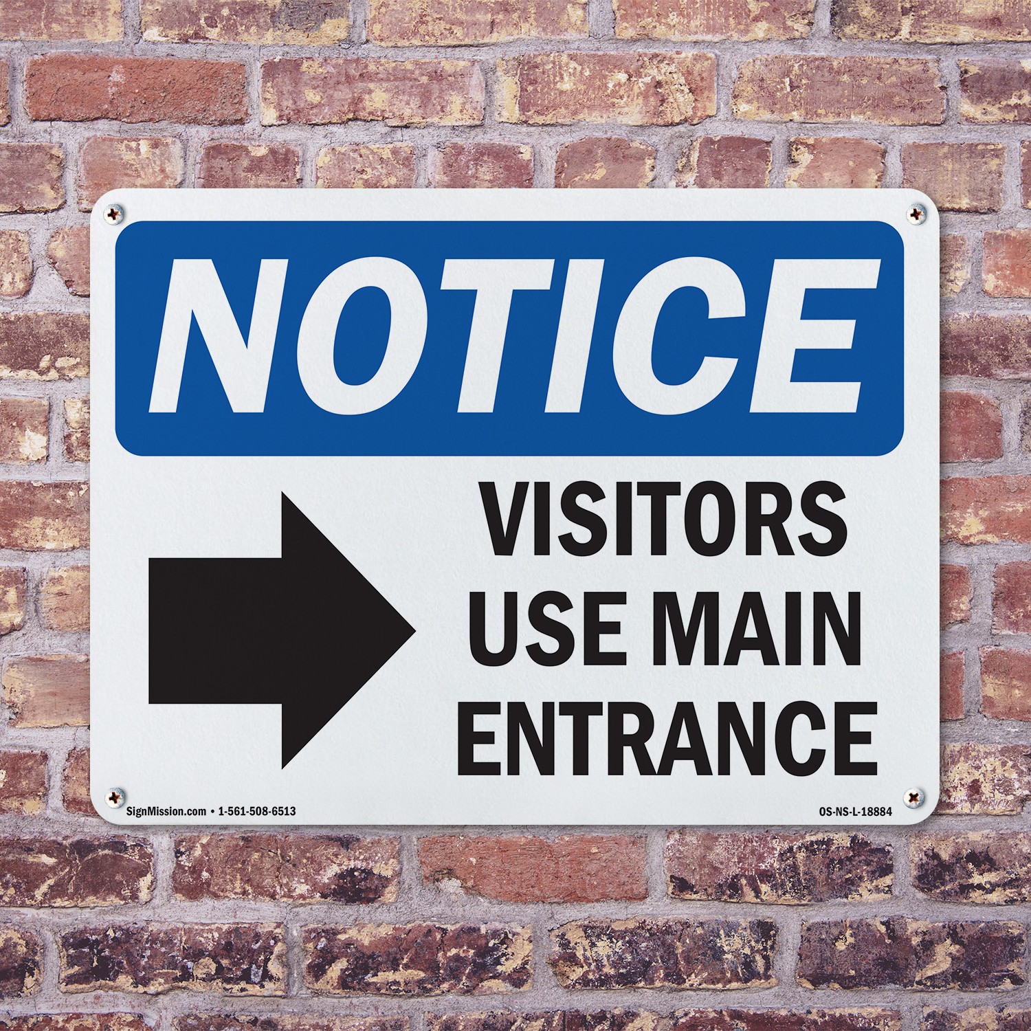 Visitors Use Main Entrance [Right OSHA Notice Sign Metal, Decal – 5 or 10 Pack