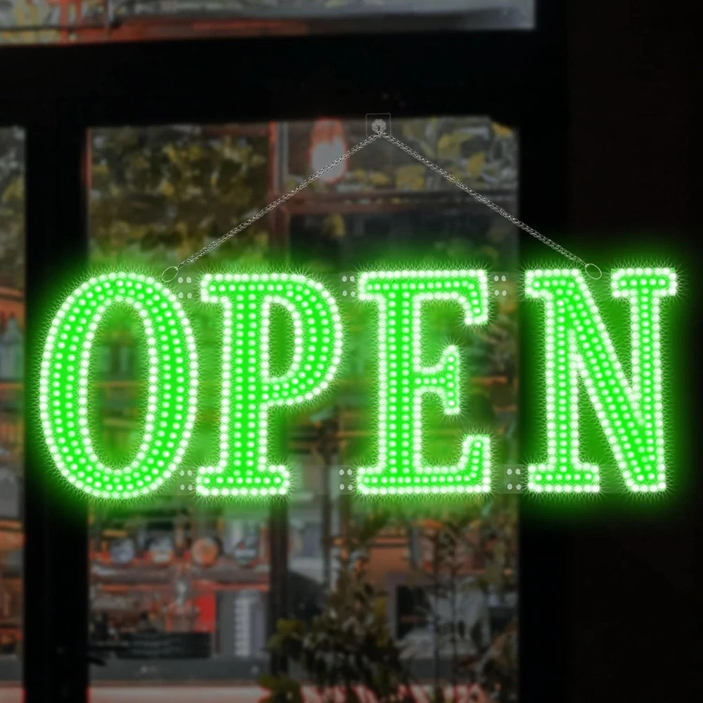 Bright Green LED Open Sign with Remote Control for Store, Bar, or Salon