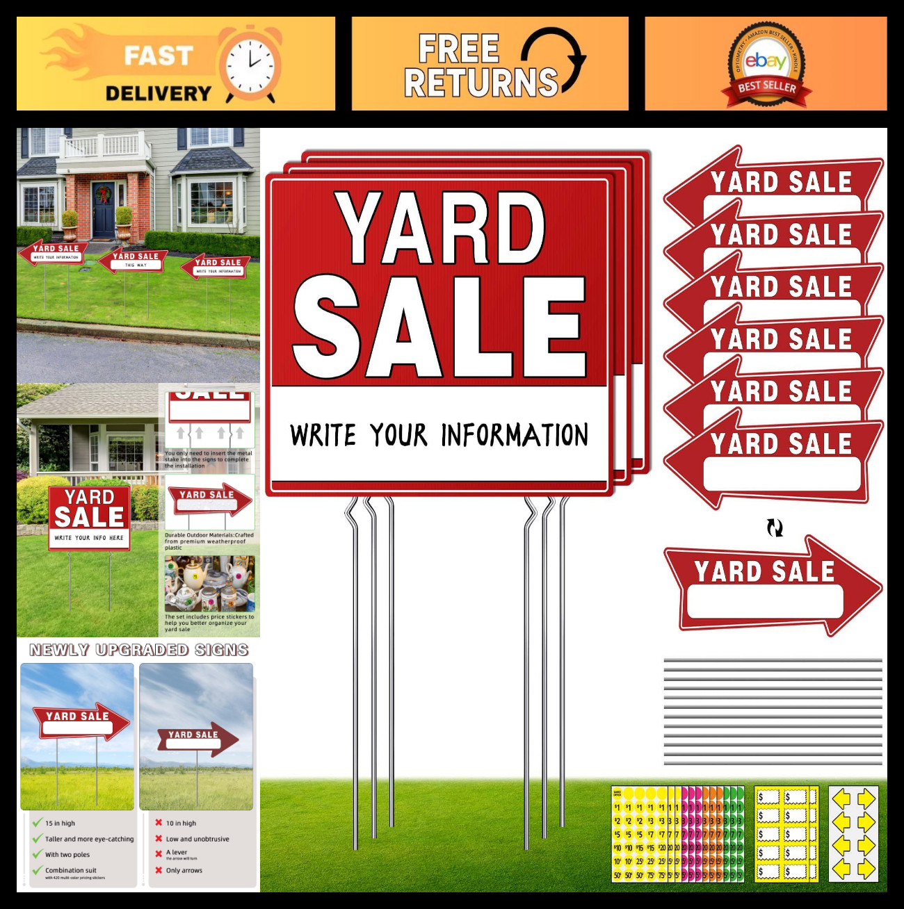 14pcs Yard Sale Signs 17″x13″ Double-Sided with Metal Stakes, Pricing & Directio
