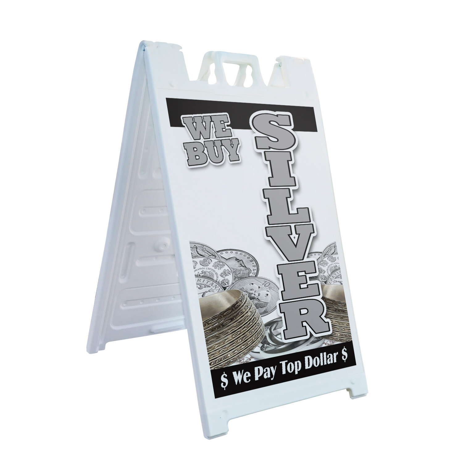 A-frame Sidewalk We Buy Silver Vertical 24″ x 36″ Double Sided A-Frame Sidewalk
