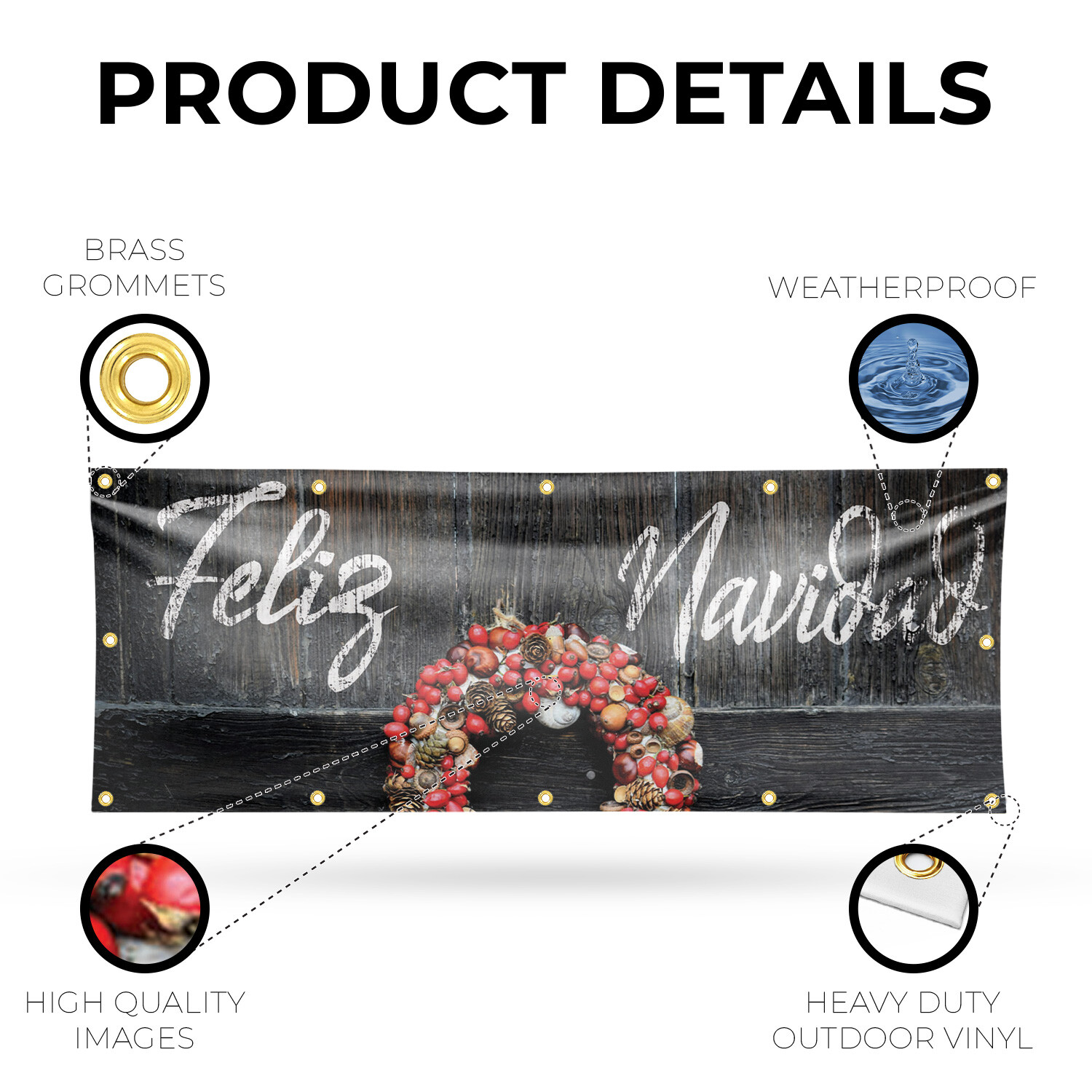 Feliz Navidad Vinyl Banner Sign with Metal Grommets Heavy-Duty Single-Sided