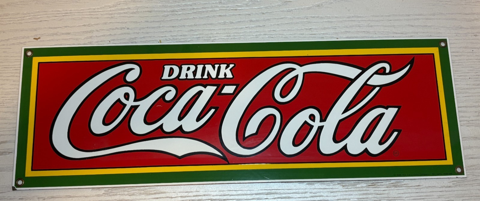 Vintage 1989 Coca Cola Porcelain Advertising Sign Classic Red & Green 18″ x 6″