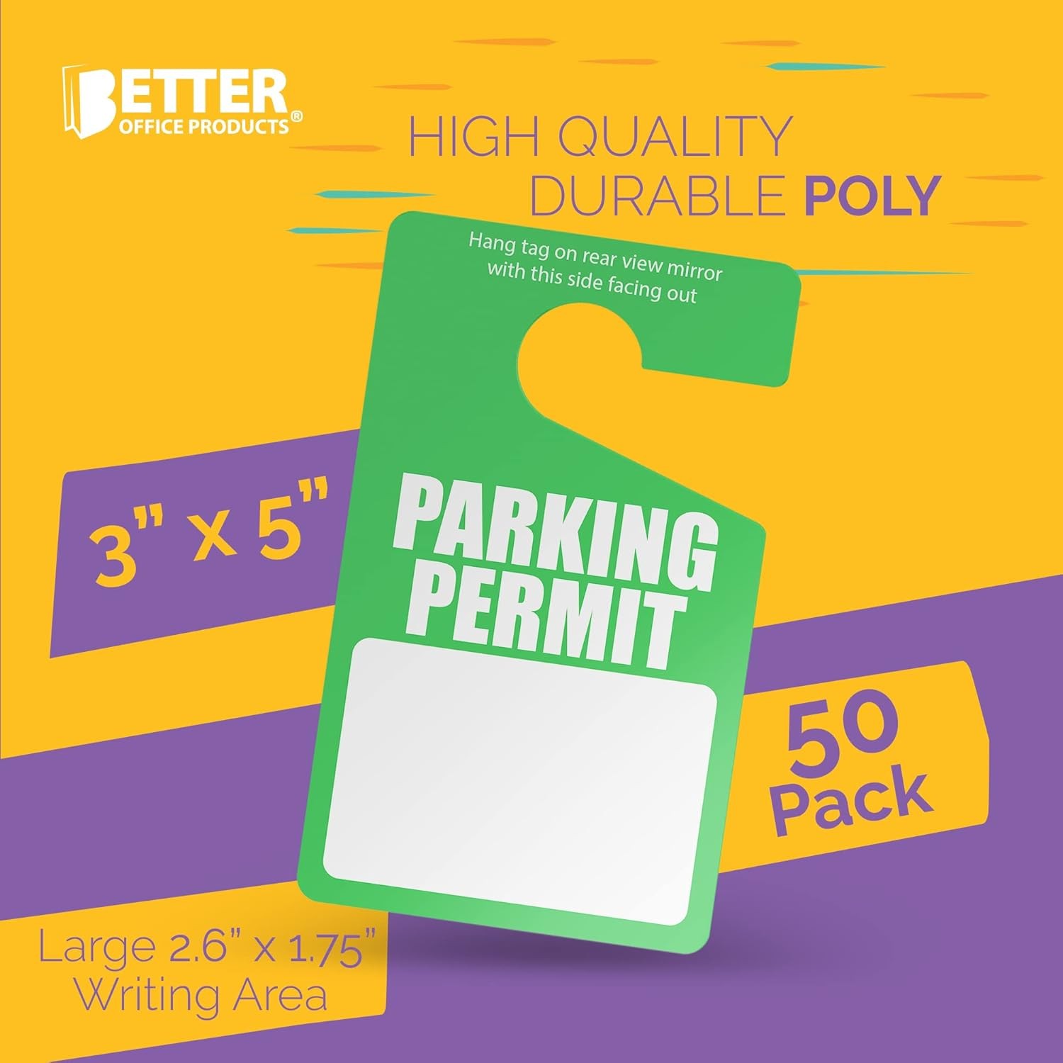 Better Office Products Green Parking Permit Hang Tags, 50 Pack, Poly Plastic