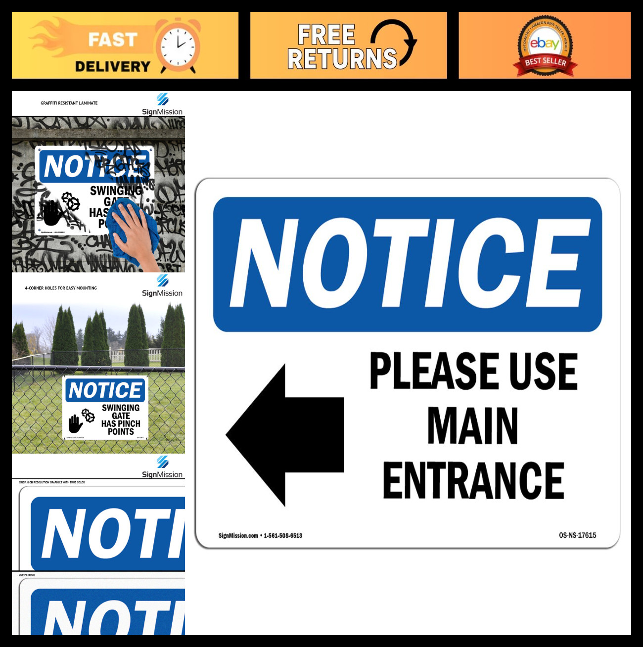 OSHA Notice Sign – Use Main Entrance [Left Arrow] | Durable Aluminum Safety Sign