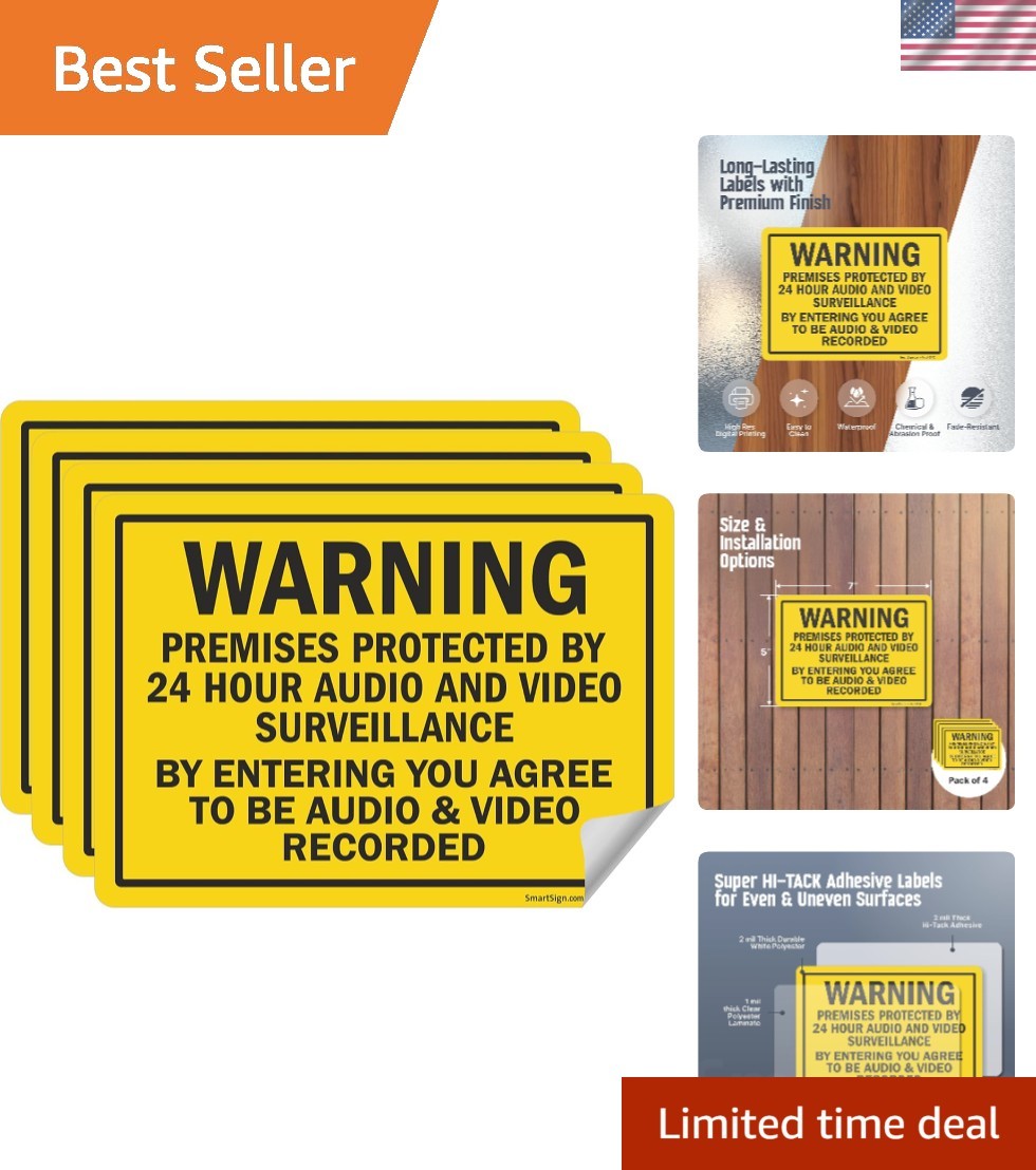 Pack of 4 5 x7 inch “Warning – Premises Protected by 24 Hour Audio and Video …