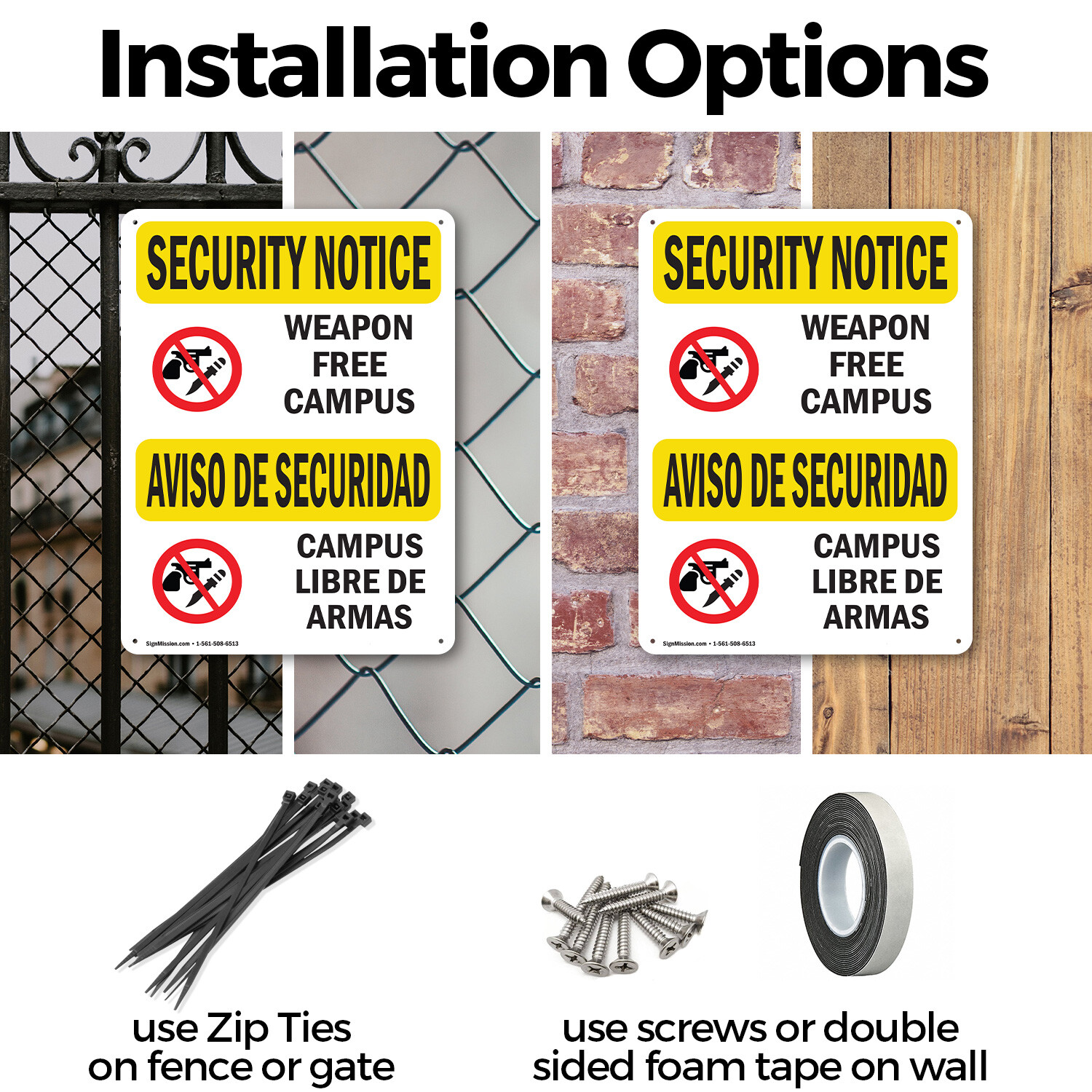 (2 Pack) Weapon Free Campus Bilingual OSHA Security Notice Sign Decal Metal