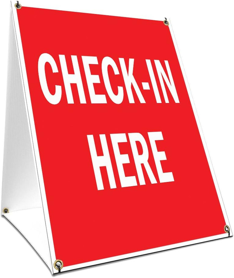 A-Frame Sidewalk Check-In Here Sign with Graphics on Each Side | 18″ X 24″ Print