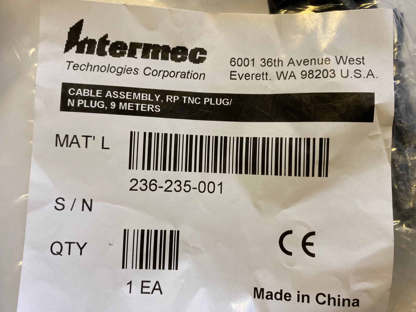 Honeywell 236-235-001 RFID Antenna Cable RP-TNC to N-Type 9m New Sealed