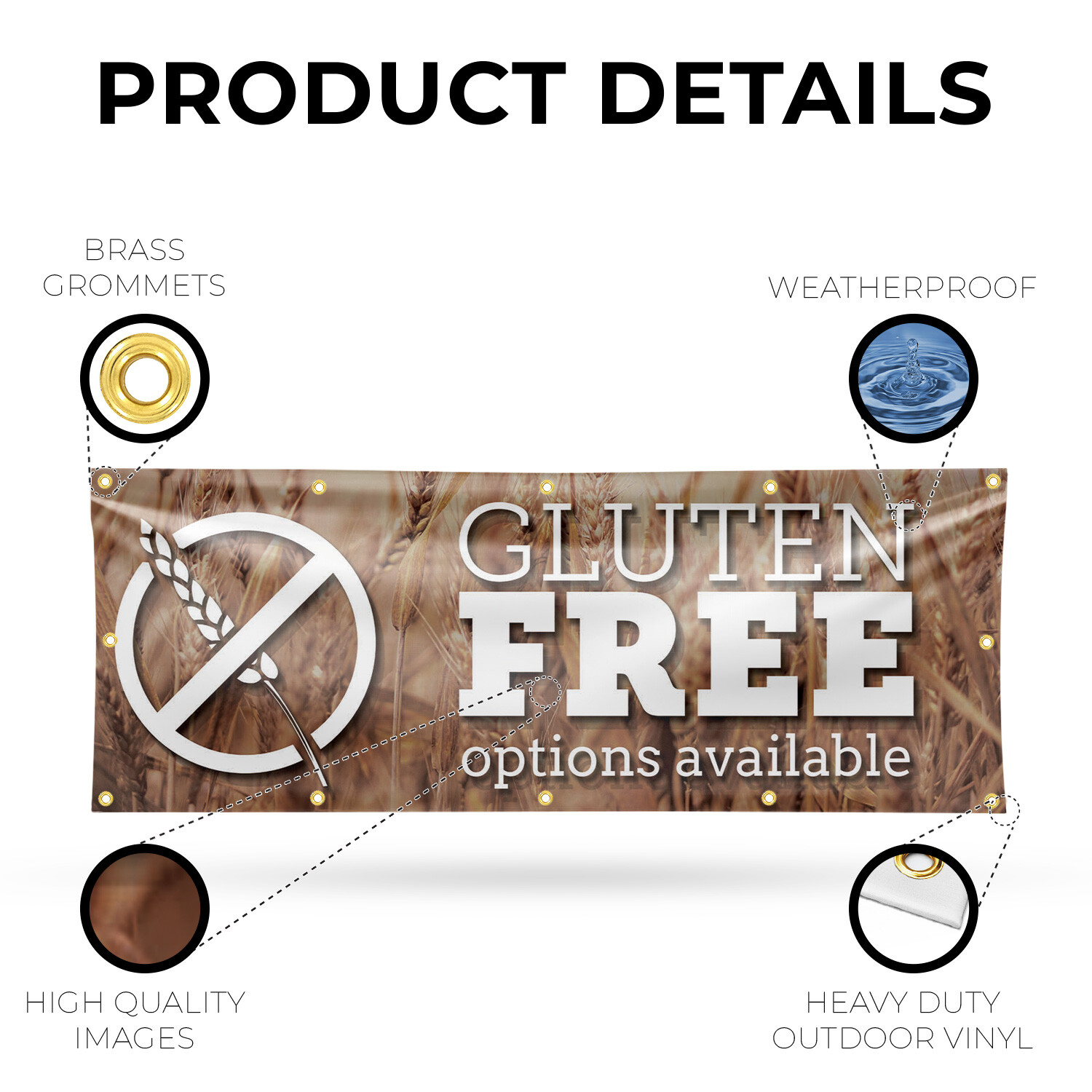 Gluten Free Options Available Vinyl Banner Sign with Metal Grommets Heavy-Duty