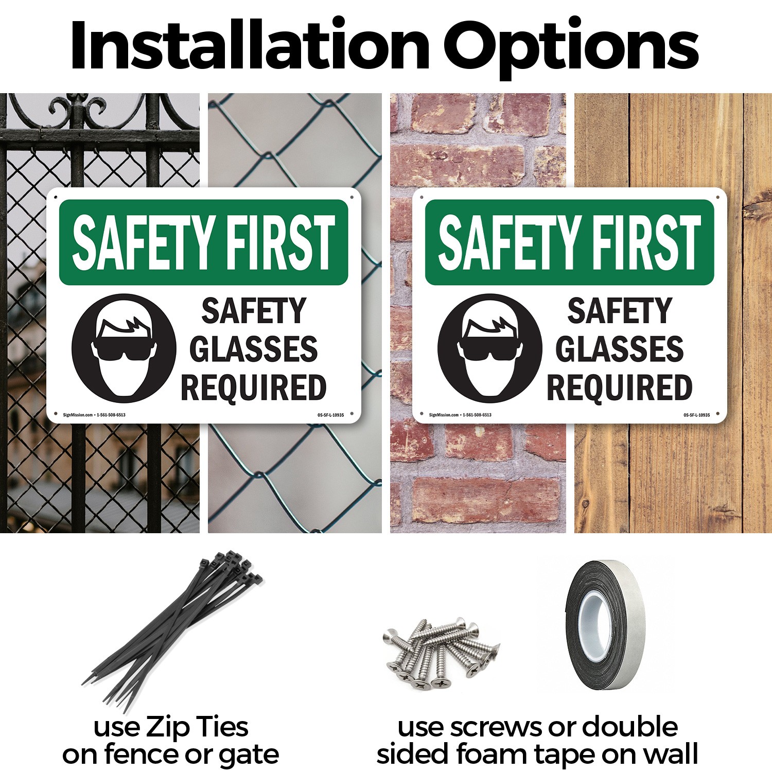 Safety Glasses Required With Symbol OSHA SAFETY FIRST Sign, Decal 5 or 10 Pack