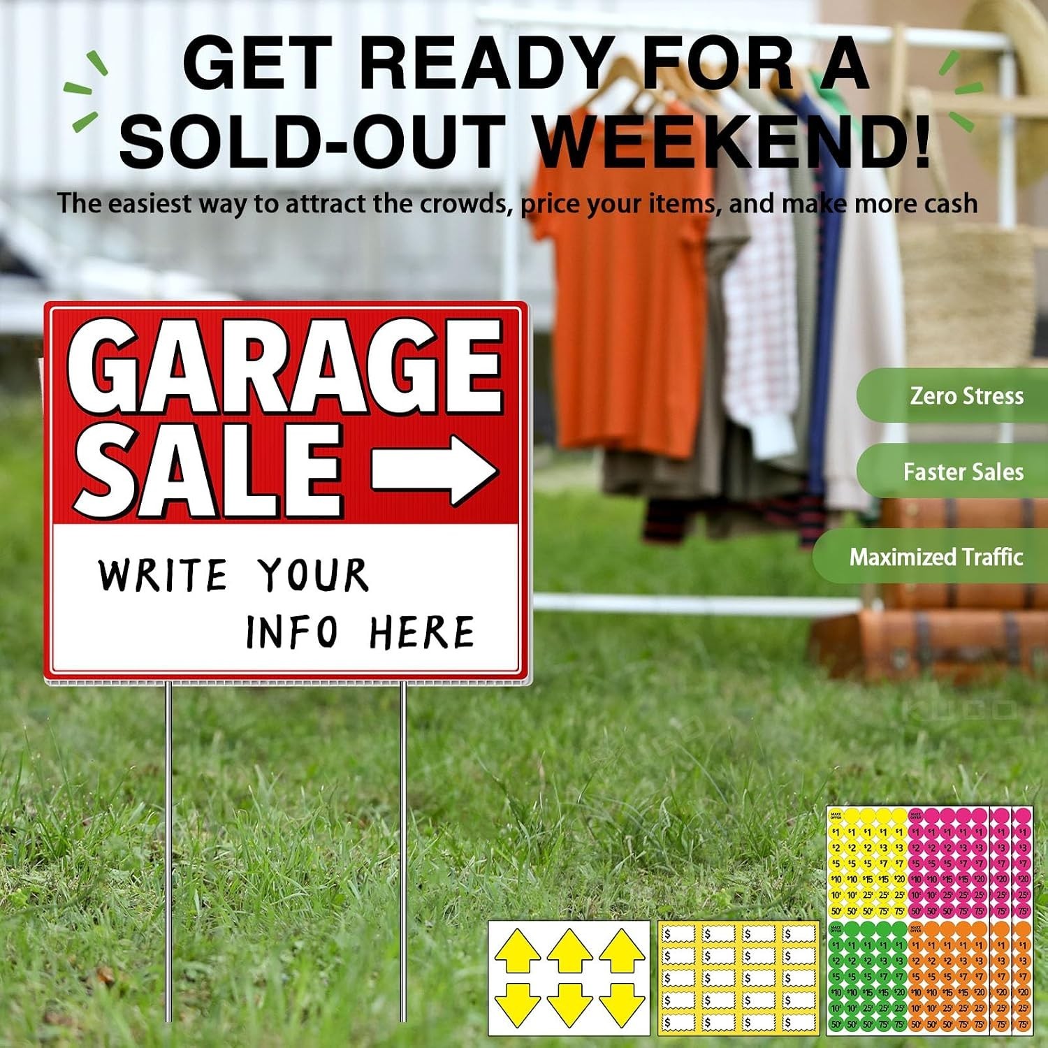 Garage Sale Signs with Stakes 3 Pack Kit – Double Sided Yard Sale Signs with …