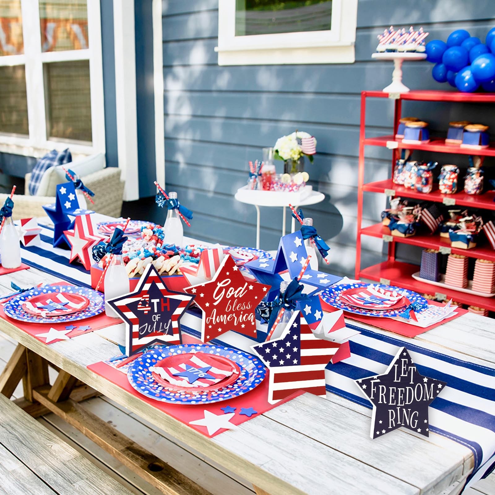 4th of July Decorations, 4 Pcs Wooden Star Signs Patriotic Wood Star Standing…