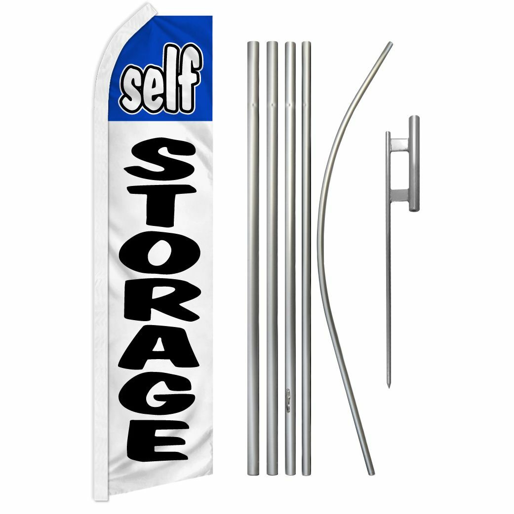 “SELF STORAGE” Advertising Super Flag & Pole Kit box move garage blue & white