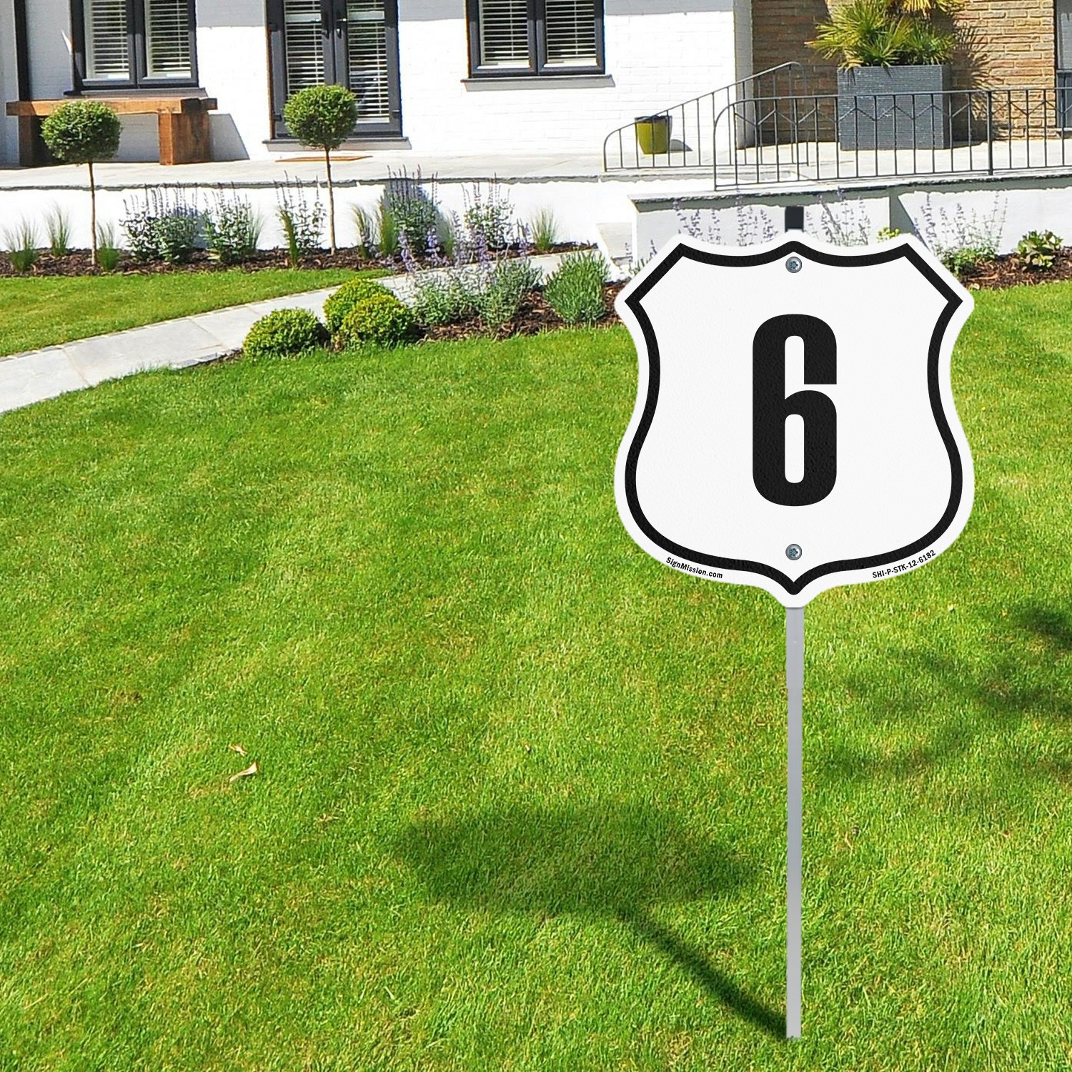Number 6 Shield Shaped Sign With Stake Weather Resistant