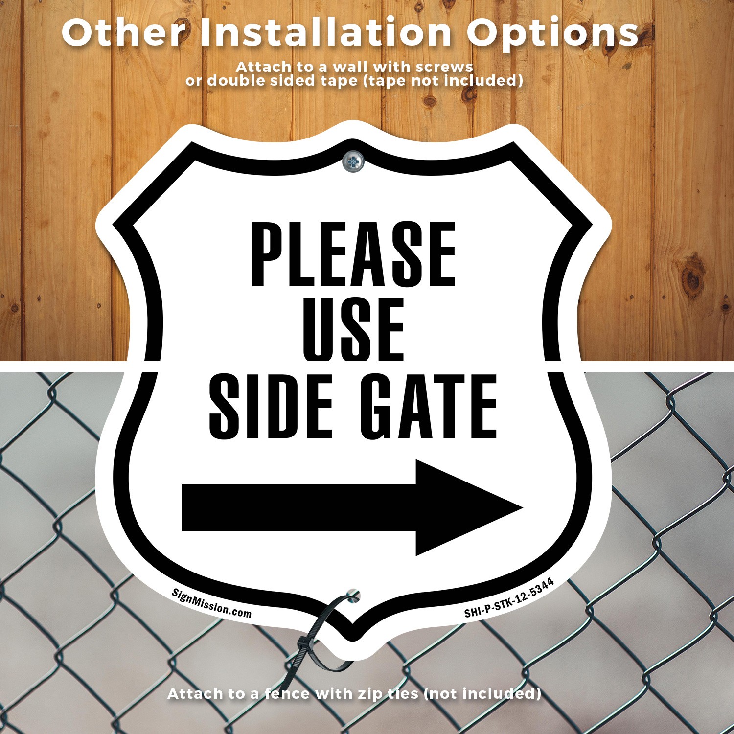 Please Use Side Gate Right Shield Shaped Sign With Stake Made in the USA