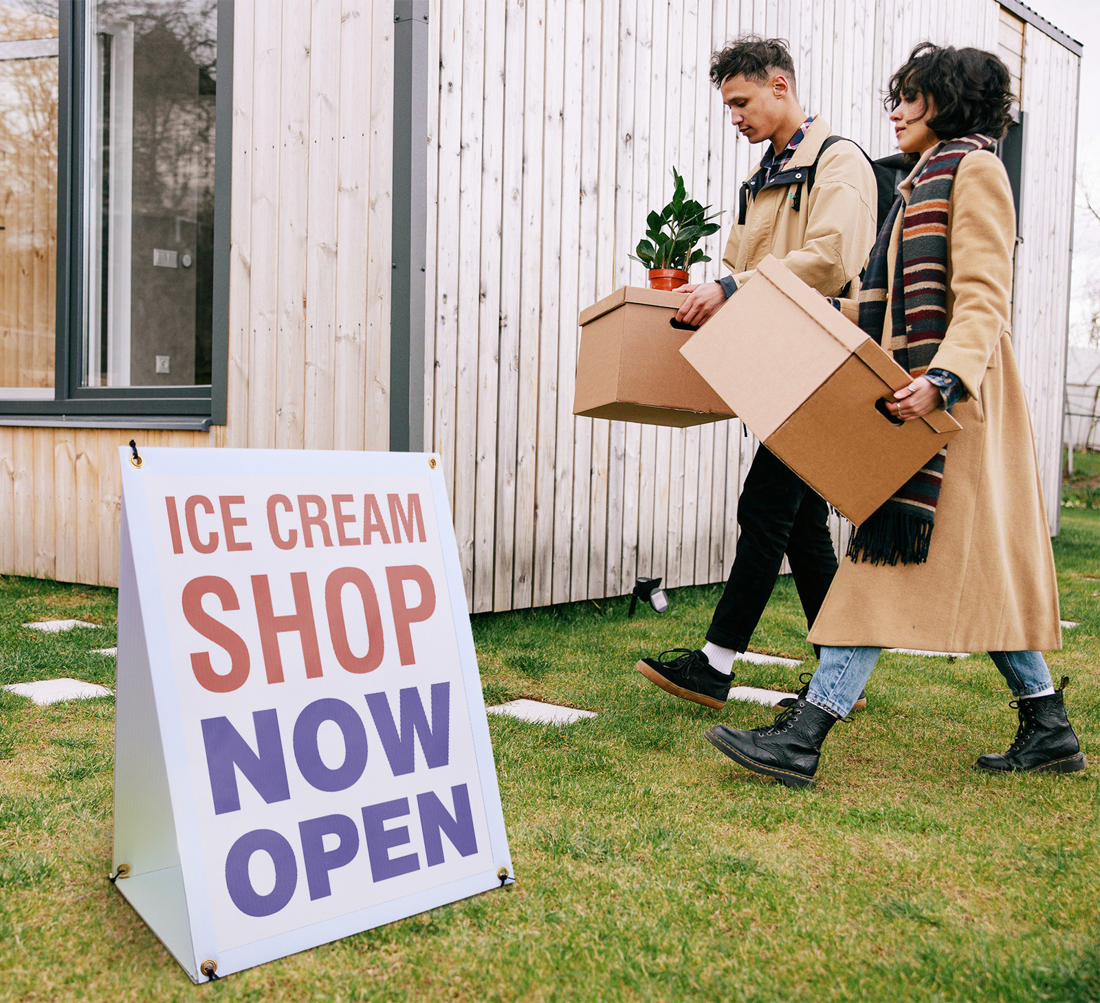 Ice Cream Shop Now Open A-Frame Sidewalk Sign Grand Opening Fresh Desserts Now