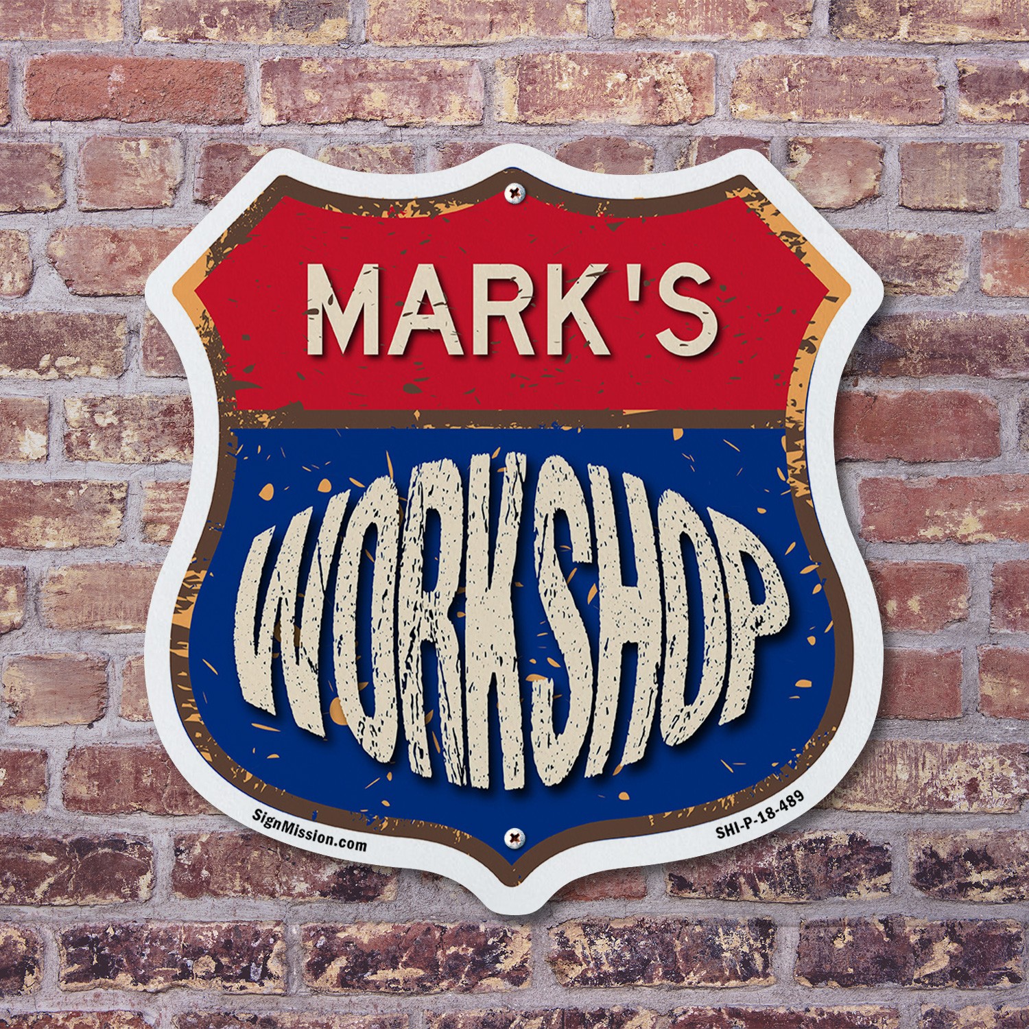 Mark’s Workshop Shield Shaped Sign Weather Resistant Crafted in the USA