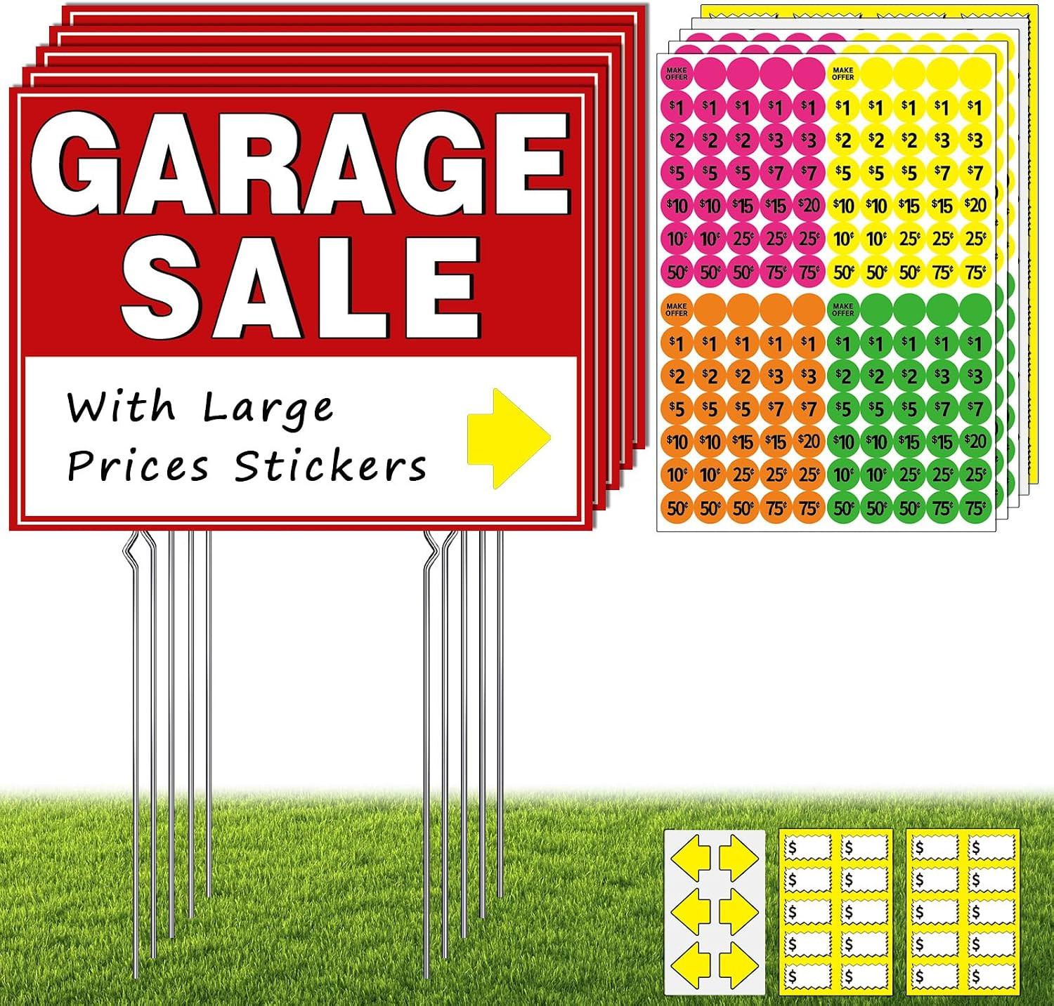 Garage Sale Kit , 5 Pack Garage Sale Signs with Metal Stakes, 5 Pack Yard Sales