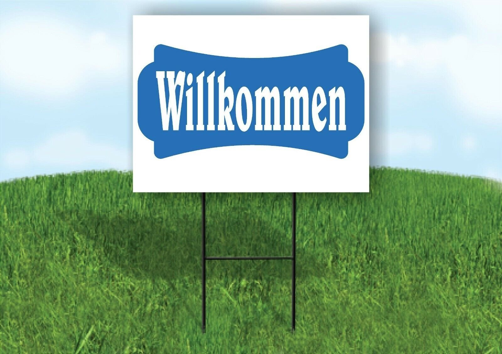 WILLKOMMEN BLUE TAG Yard Sign Road with Stand LAWN SIGN