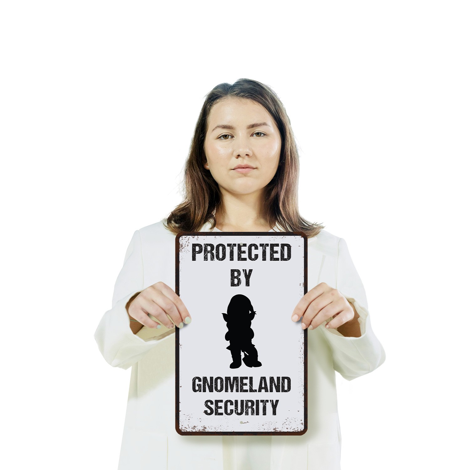 Funny Gnomeland Security Sign Guarded by Garden Gnomes Perfect for Gardens