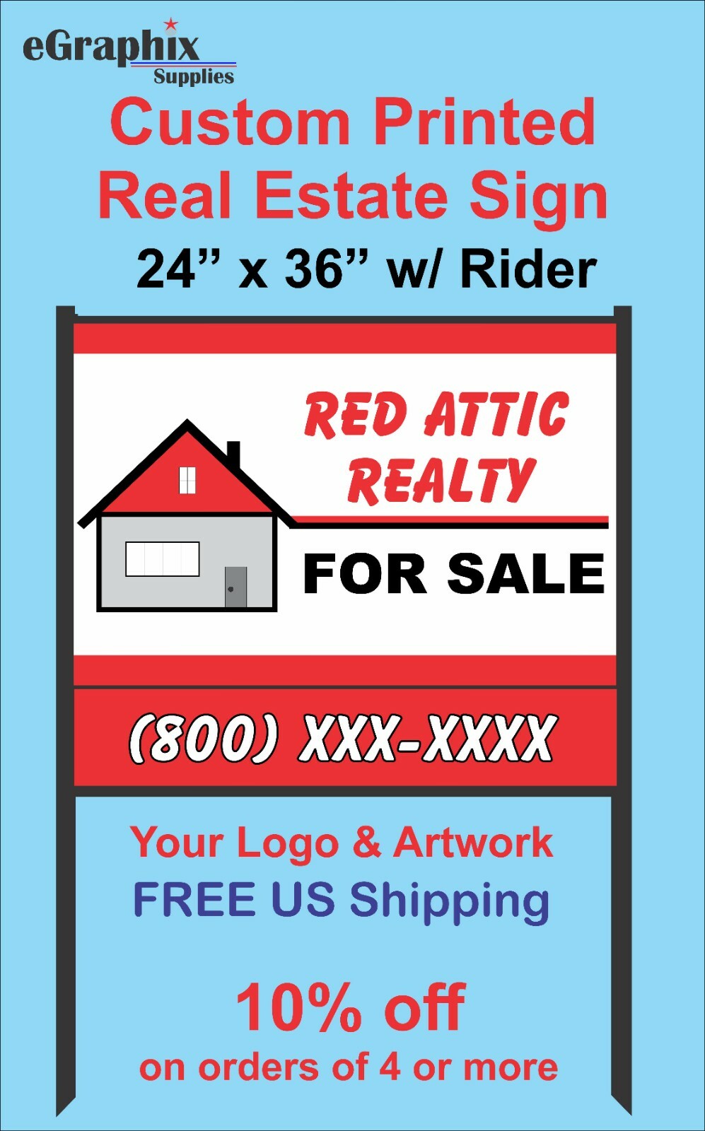 Custom Printed Real Estate Sign, 24 x 36″ Alum with H-Style BLACK Metal Frame