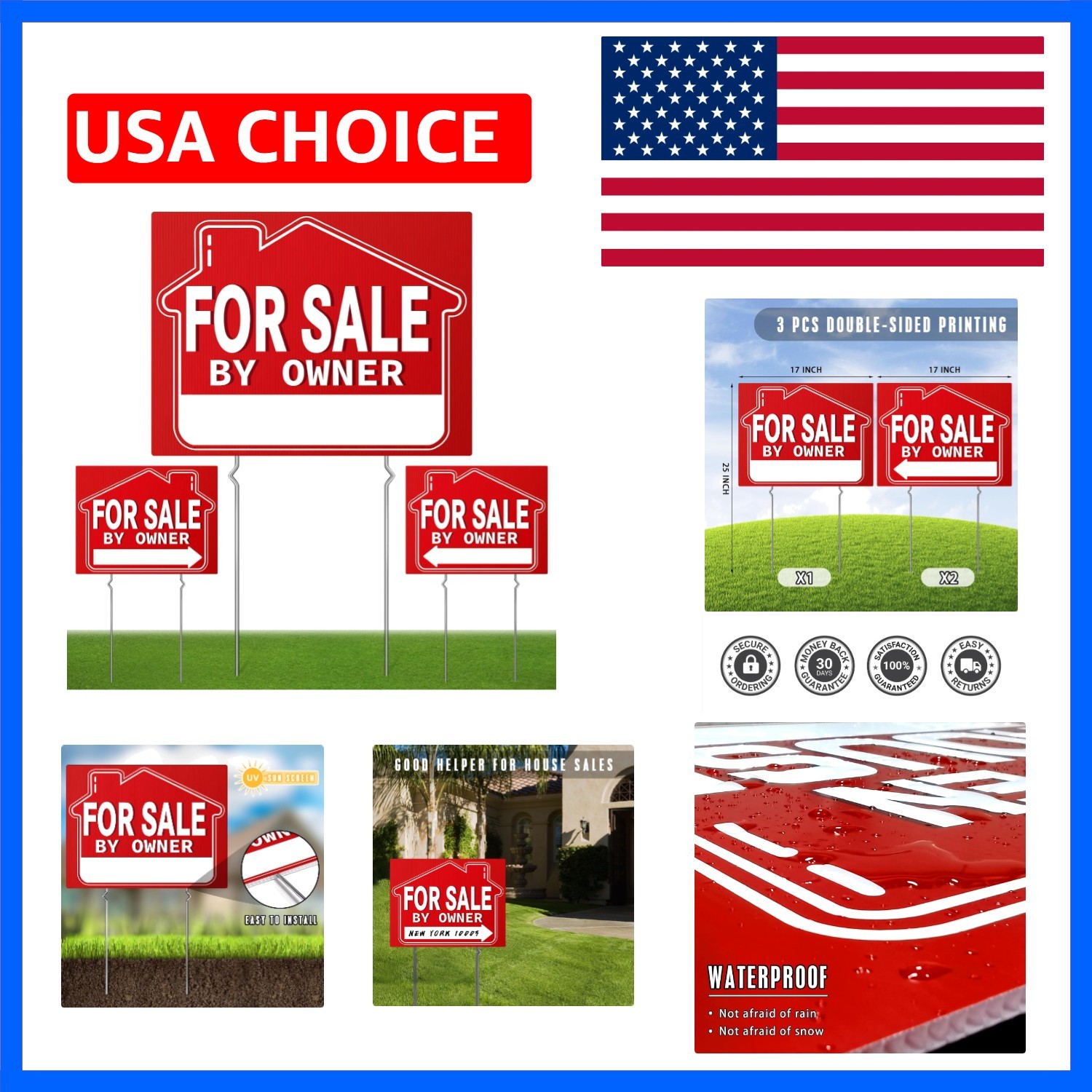 For Sale By Owner Yard Sign 3 Pack, 18″ X 14″ Double-Sided Yard Signs with Me…