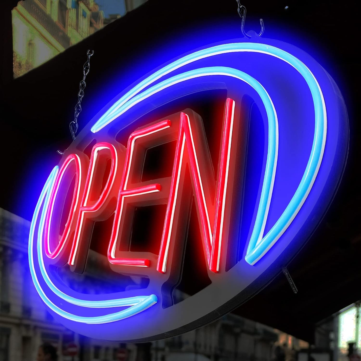 Open Signs for Business,32×16 inch Large Bright (32 x 16) inch, Blue/Red Oval