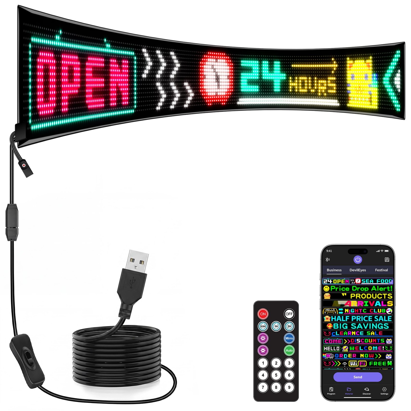 Large Programmable LED Sign, 77”x8” Flexible Indoor Scrolling LED Store Sig…