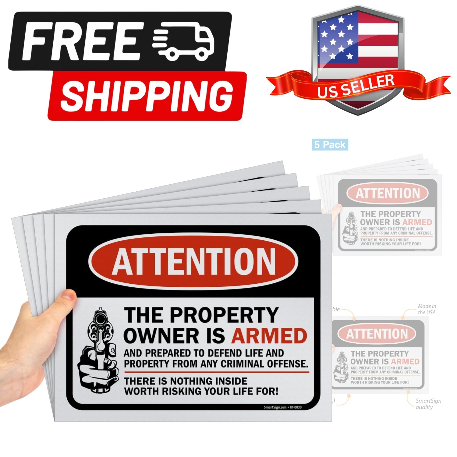 Pack of 5 9 x 12 inch “Attention – The Property Owner Is Armed” No Trespassin…