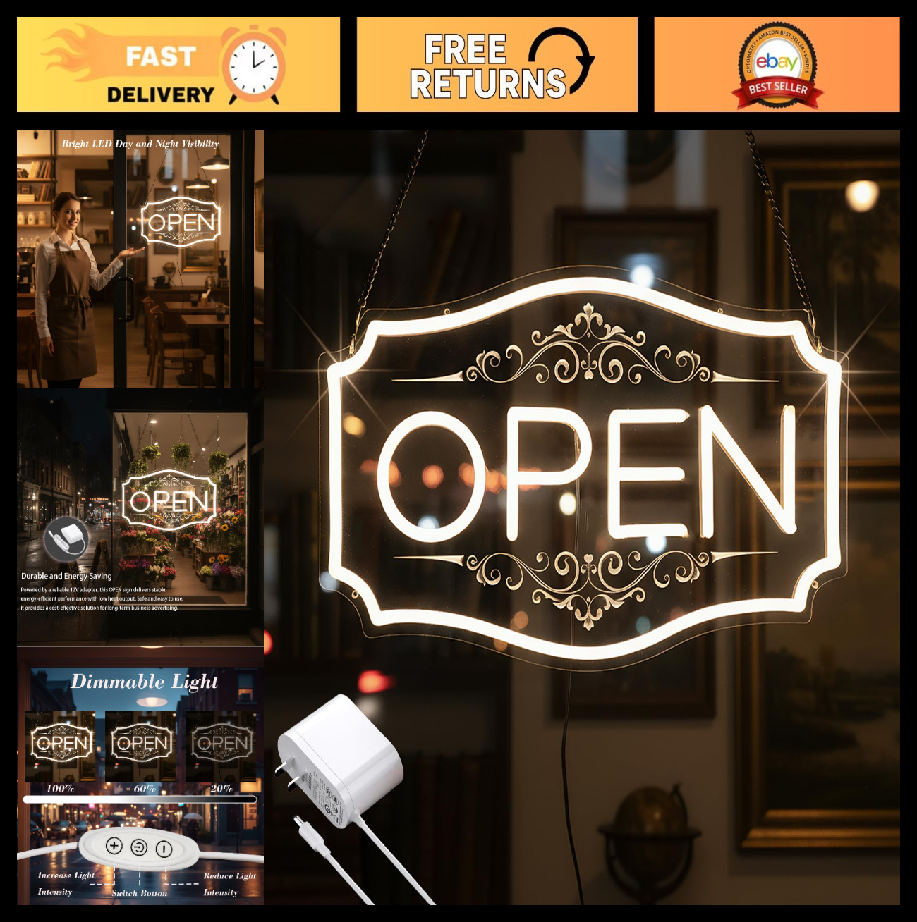 Dimmable LED Open Sign for Business – 16.5″x10.5″ Warm White Neon Light for Wind