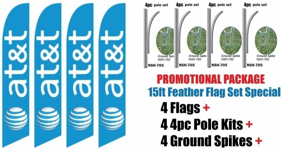 4 Sets of 15ft At&t Swooper Feather Flags – INCLUDES 15FT 4pc POLE KITS…