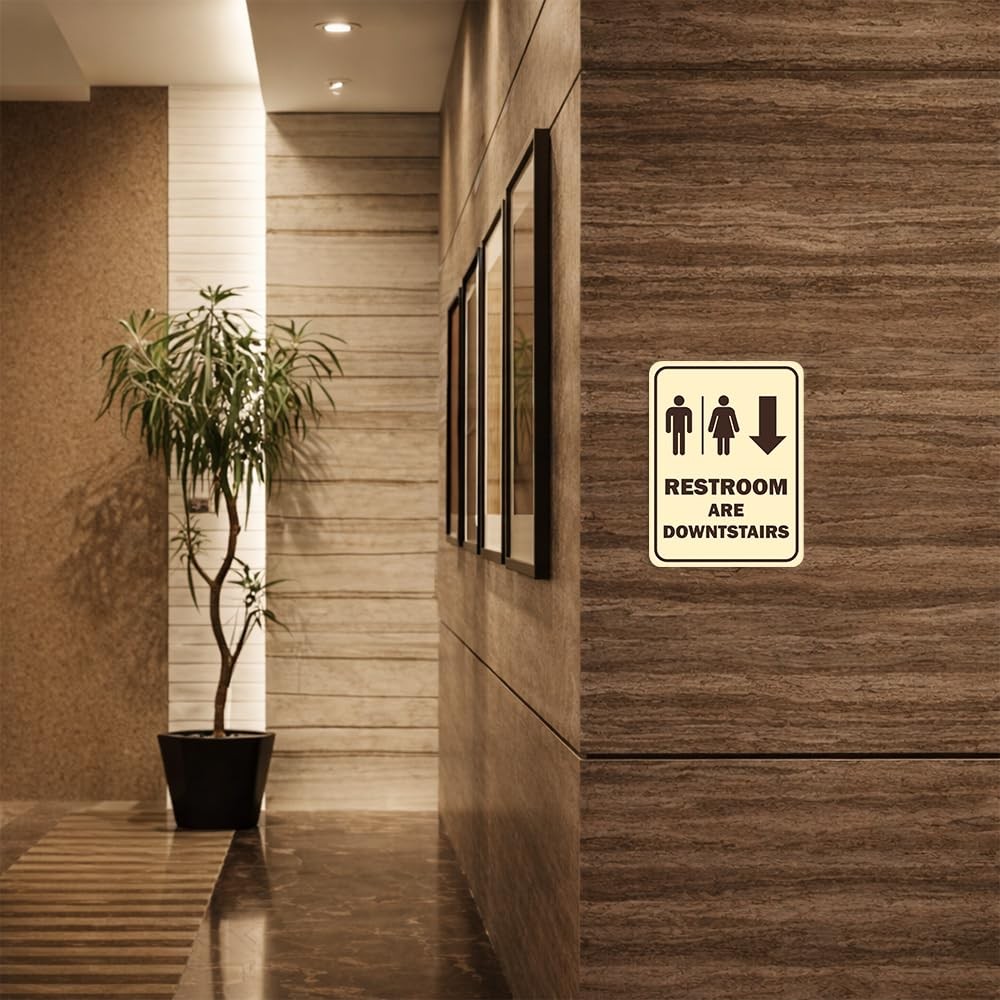 Large Portrait Round Restrooms Are Downstairs Sign Black Bathroom Door Marker