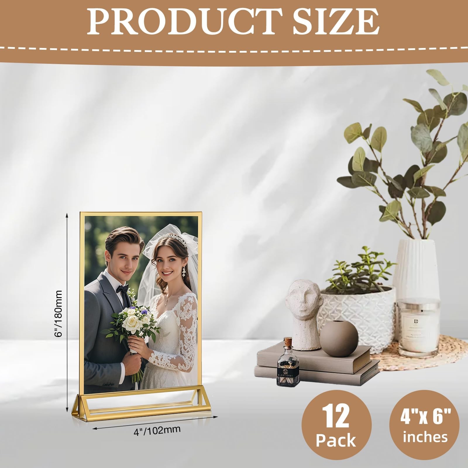 RETON 12 Pack Acrylic Sign Holder, 4×6 Clear Gold Frame 4″ x 6″,