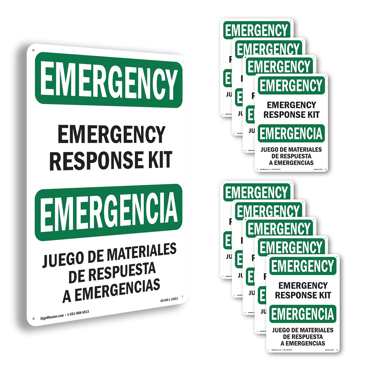 Response Kit Bilingual OSHA Emergency Sign Metal Plastic Or Decal – 5 or 10 Pack
