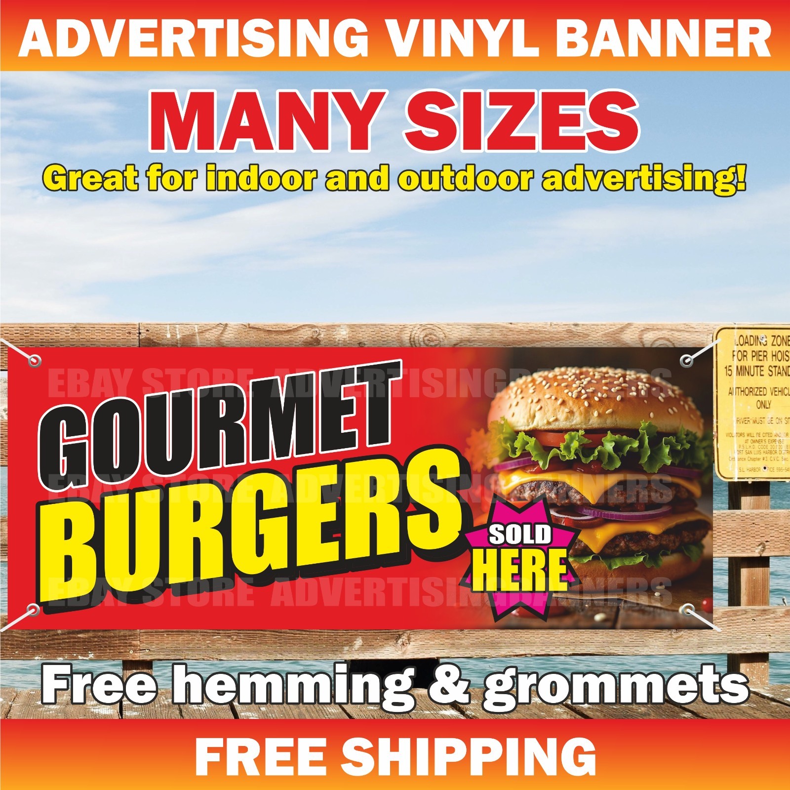 GOURMET BURGERS SOLD HERE Advertising Banner Vinyl Sign Fast Food Buffet Meat