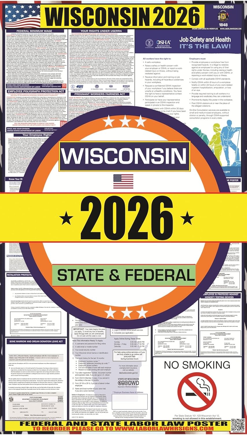 2026 Wisconsin (WI) Labor Law Poster OSHA Federal State Laminated English