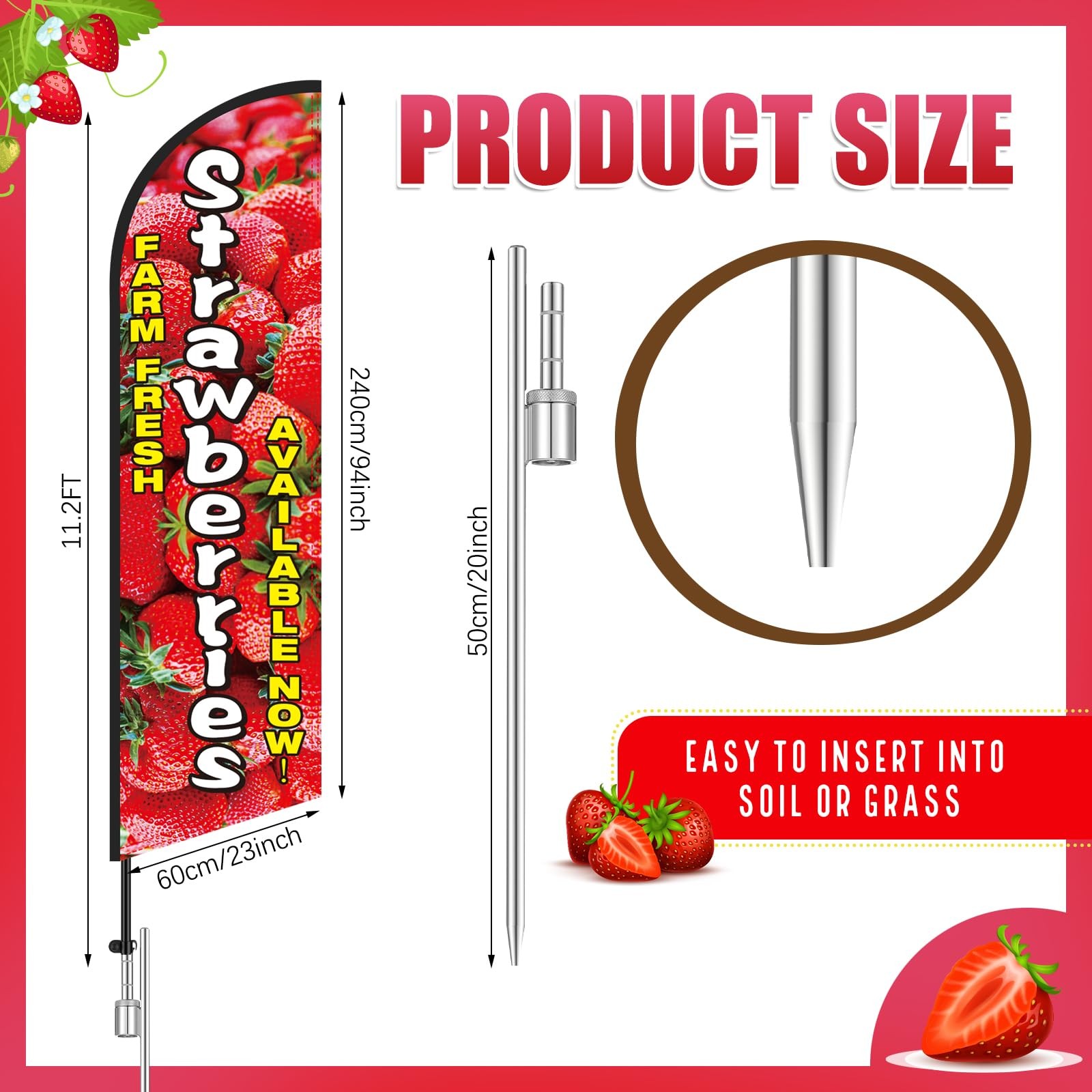 11.2 ft Farm Fresh Strawberries Feather Flag with Pole – Windless Flag Banner…