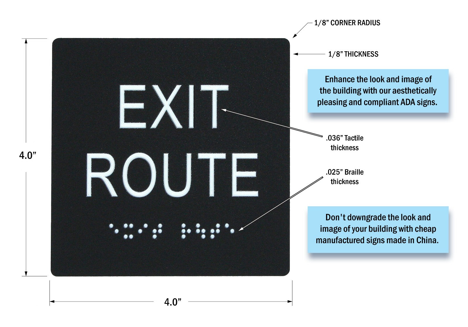 “EXIT ROUTE” ADA / braille sign 4″ x 4″ matte black acrylic w/white tactile 
