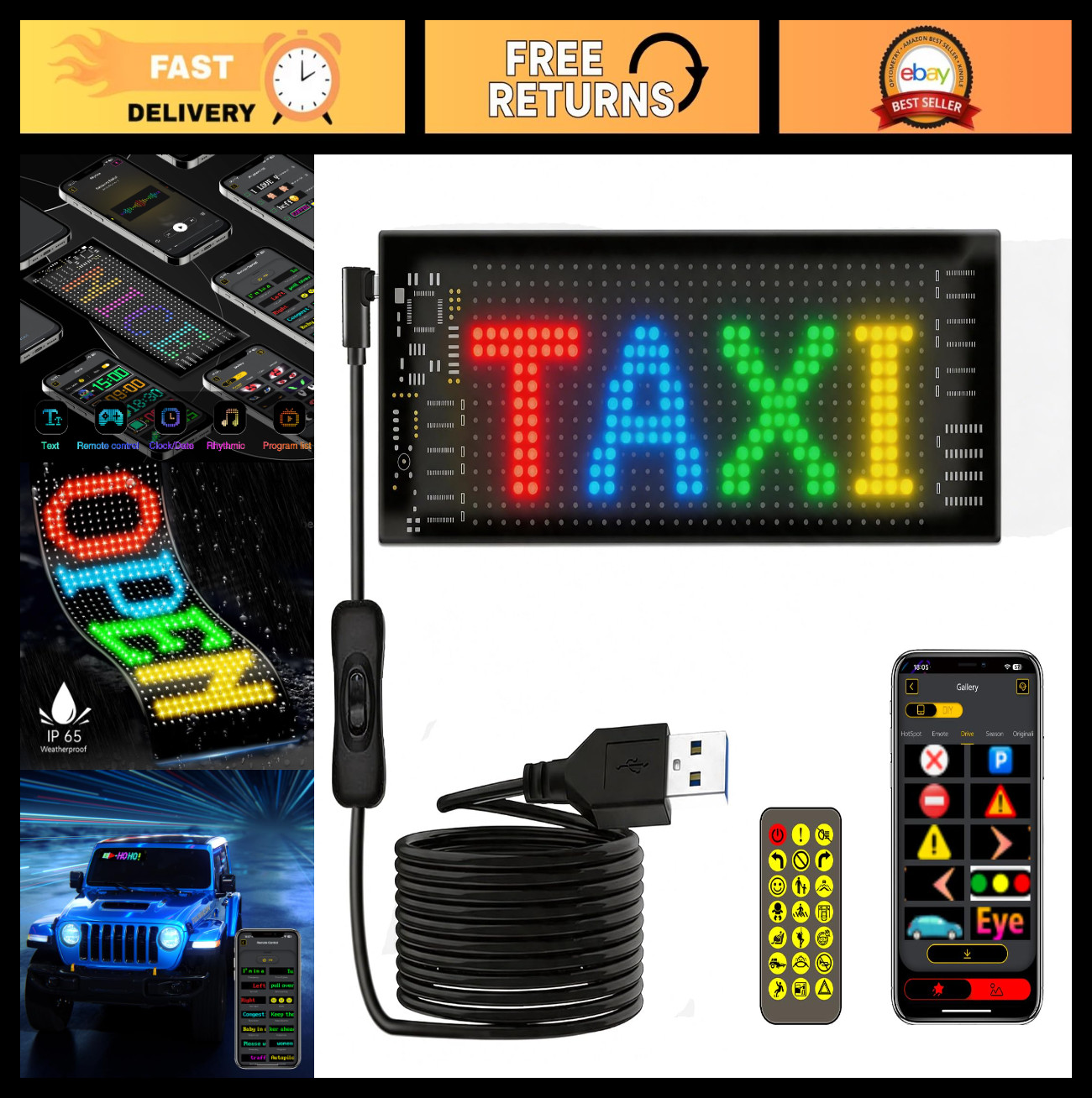 Customizable LED Car Sign – 7″x3″ Bluetooth Programmable Scrolling Display, USB