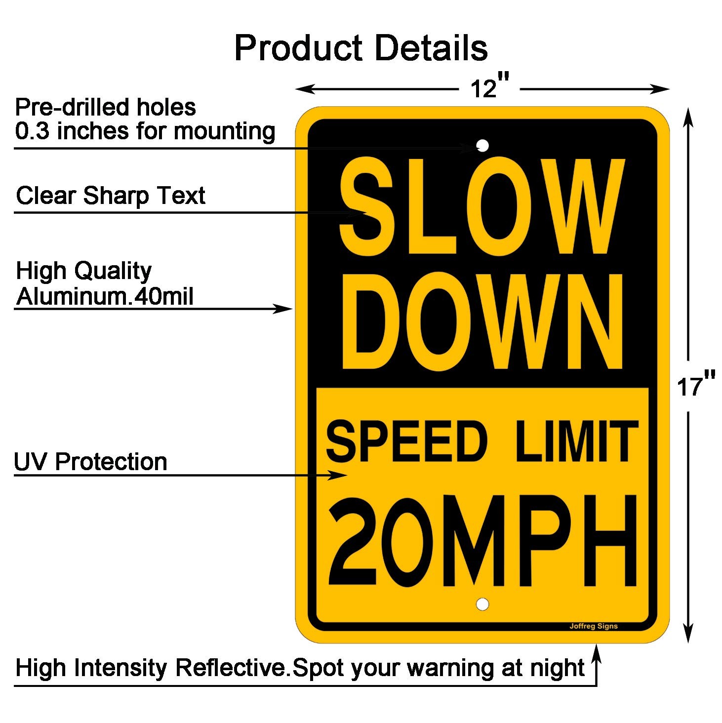 2 PCS Slow Down Speed Limit 20 MPH Sign 17×12 Inches Reflective Aluminum