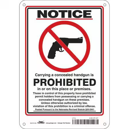 Condor 453T37 No Concealed Weapons Sign, 10 In H, 7 In W, Aluminum, Horizontal