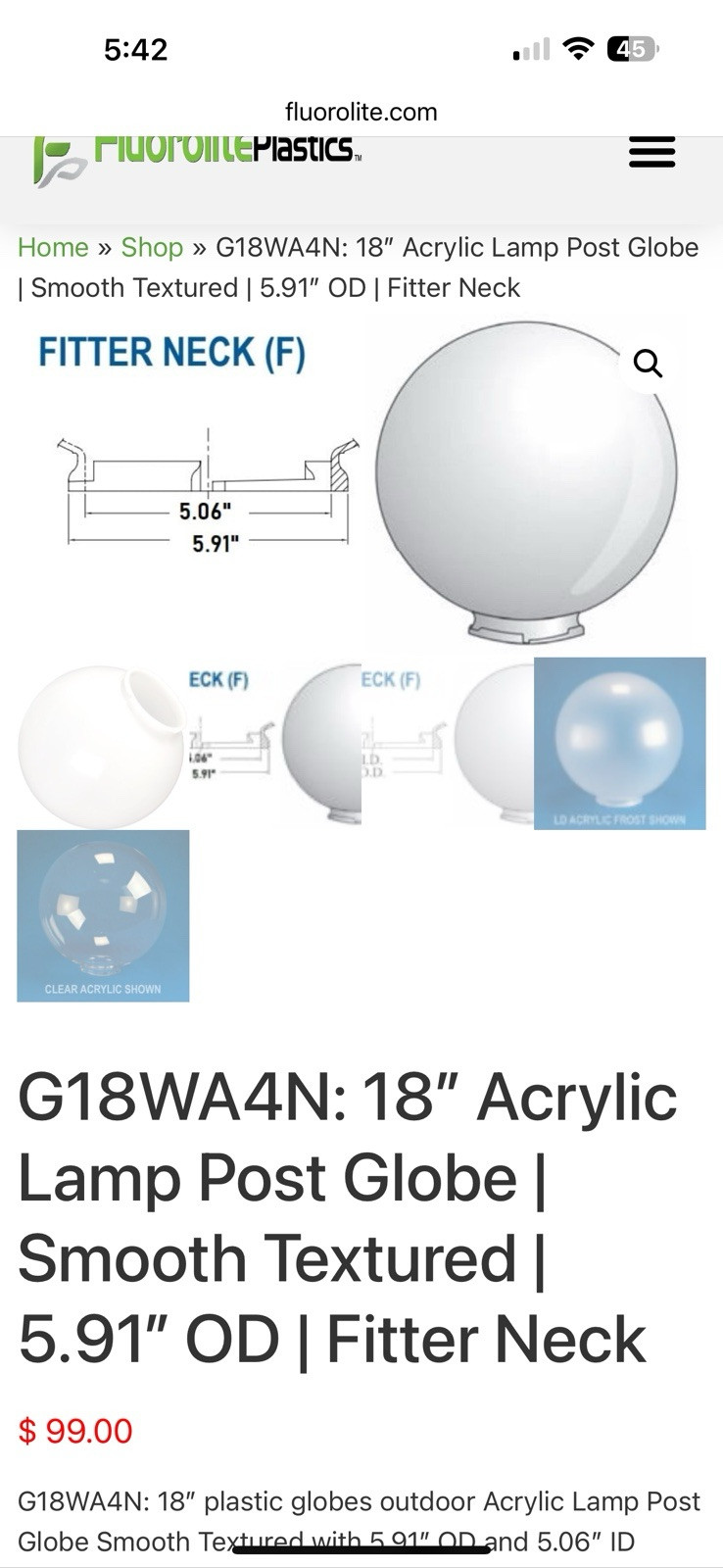 18″ Acrylic Lamp Post Globe | Smooth Textured | 5.91″ OD | Fitter Neck